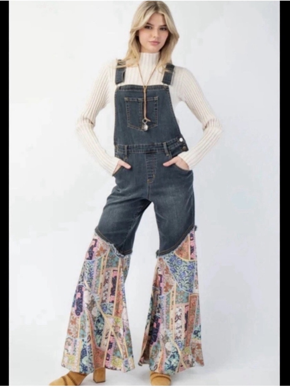 Easel Patchwork Flare Women Overalls